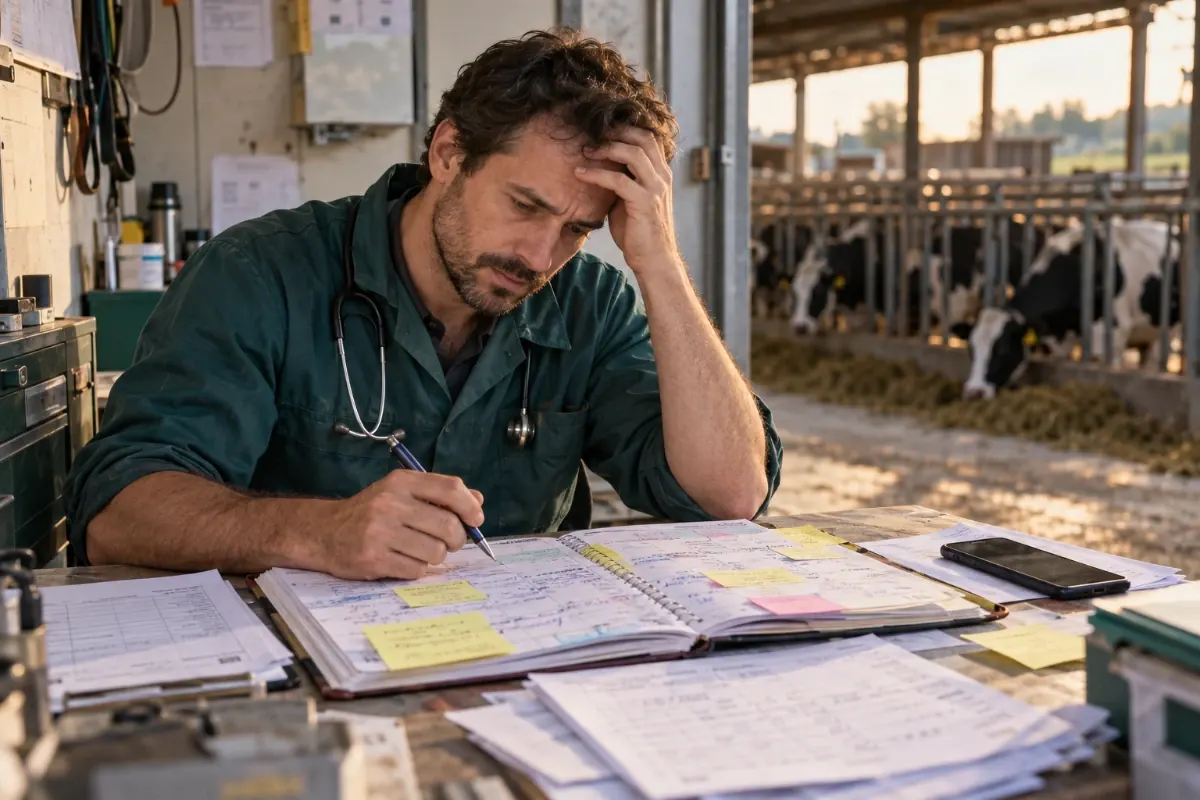 Veterinario in stalla che ricopia a mano le visite sull'agenda, tra fogli e post-it