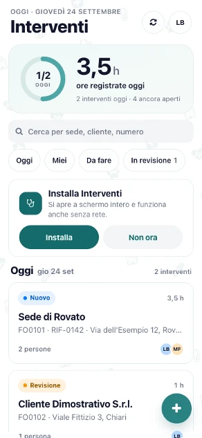 App UNIVET: schermata Interventi della giornata con ore registrate e interventi di oggi